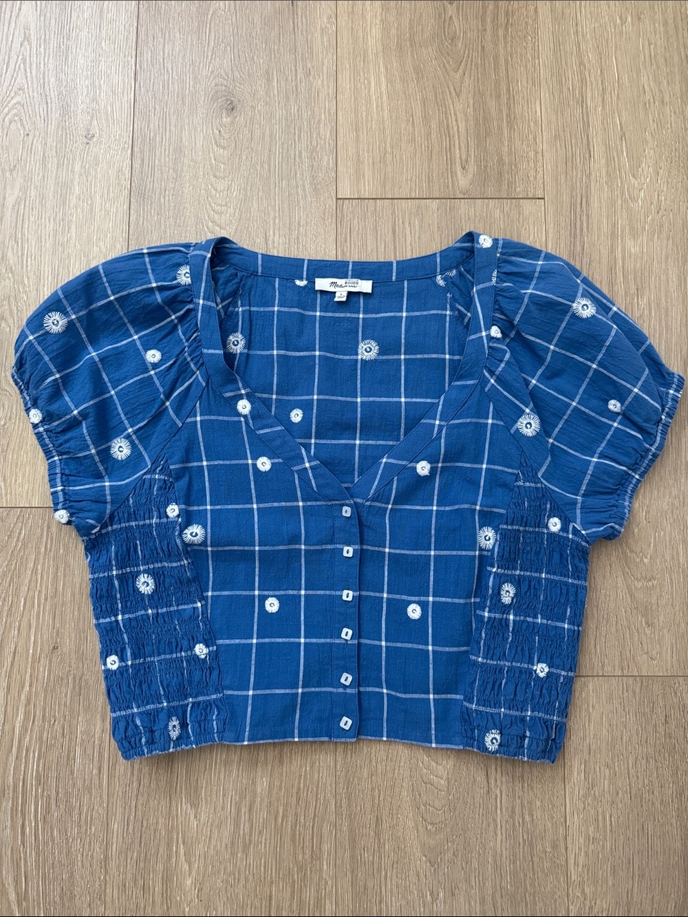 Madewell Blue Plaid Button-Front Crop Blouse